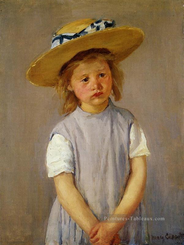 Petite fille dans un grand chapeau de paille et un Pinnafore mères des enfants Mary Cassatt Peintures à l'huile